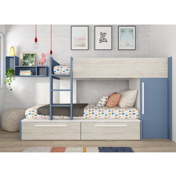 Poschodová posteľ so skriňou EMMET I pínia cascina/modrá, 90x200 cm 2