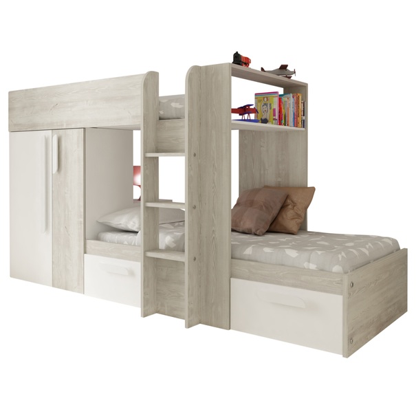 Poschodová posteľ so skriňou a úložným priestorom EMMET III pínia cascina/biela, 90x200 cm 1