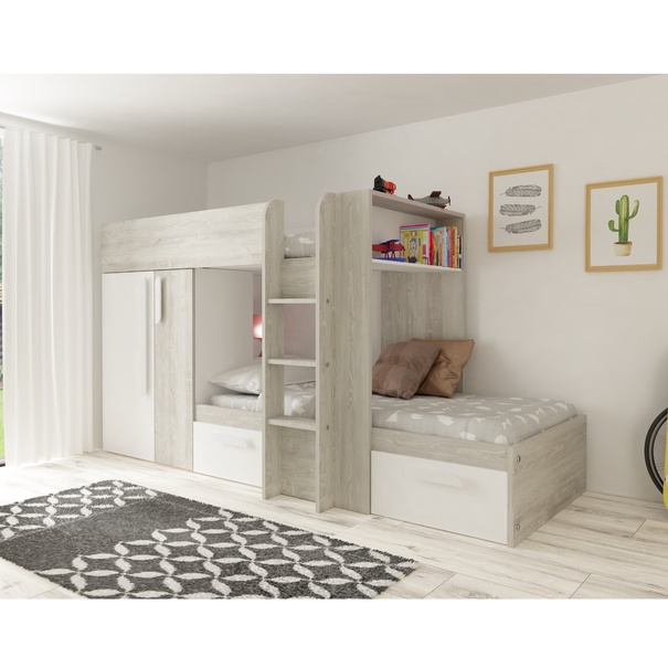 Poschodová posteľ so skriňou a úložným priestorom EMMET III pínia cascina/biela, 90x200 cm 2