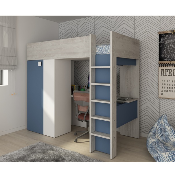 Poschodová posteľ so skriňou a stolom EMMET V pínia cascina/modrá, 90x200 cm 2