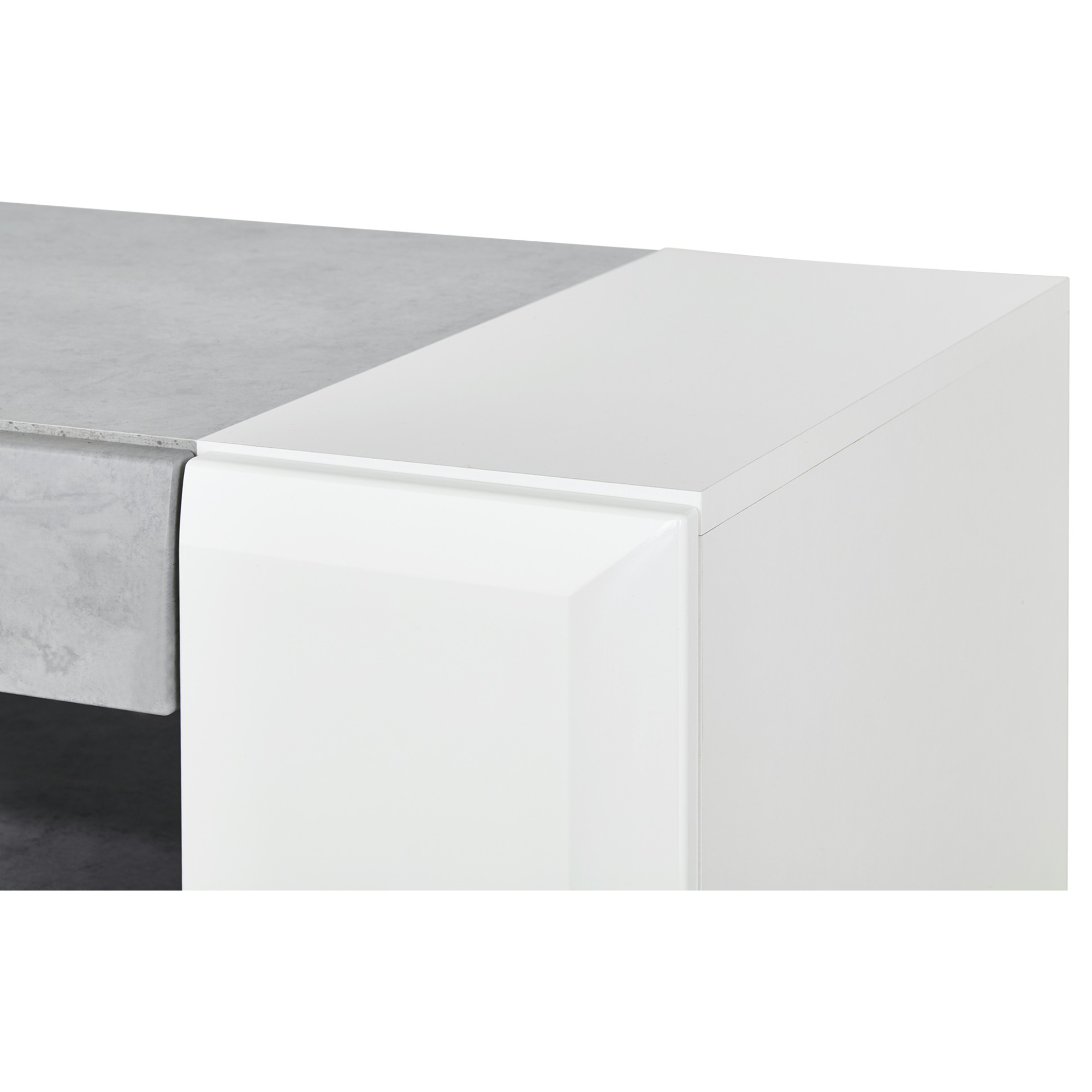 Sconto TV komoda CANTERO biela vysoký lesk/betón, šírka 140 cm.