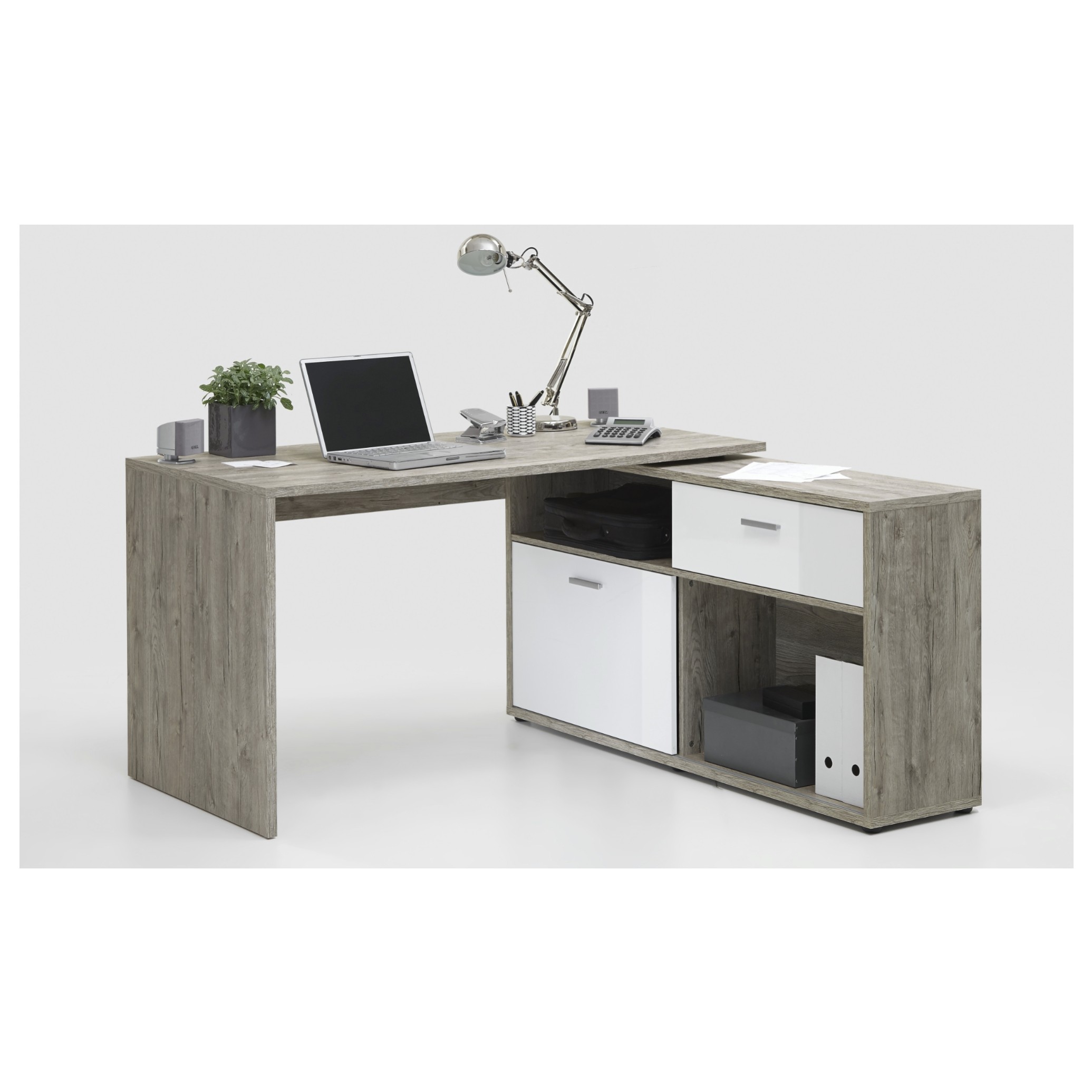 Sconto Písací stôl DIEGO 1 dub pieskový/biela vysoký lesk.
